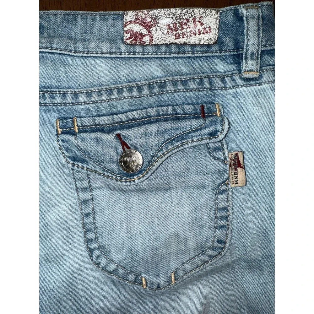 Mek Denim New York Bootcut Jeans 30x34L Light Wash Distressed Flap Pockets Y2K